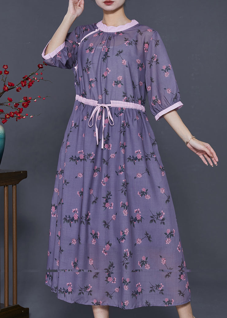 Handmade Dull Purple Cinched Print Linen Dress Summer