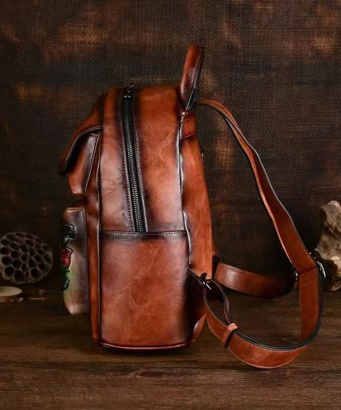 Handmade Embossed Green Pockets Large Capacity Calf Leather Backpack Bag