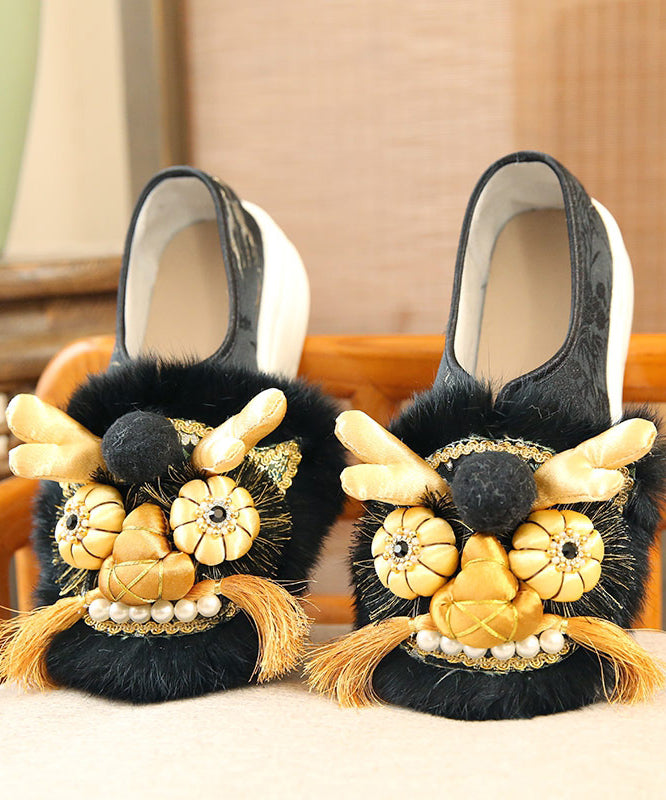 Handmade Faux Fur Splicing Platform Flats Black Embroidery