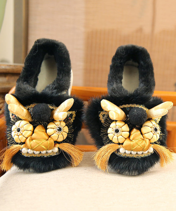 Handmade Faux Fur Splicing Platform Flats Black Embroidery