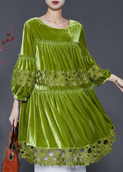 Handmade Grass Green Oversized Patchwork Silk Velvet Dresses Spring