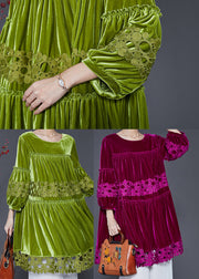 Handmade Grass Green Oversized Patchwork Silk Velvet Dresses Spring