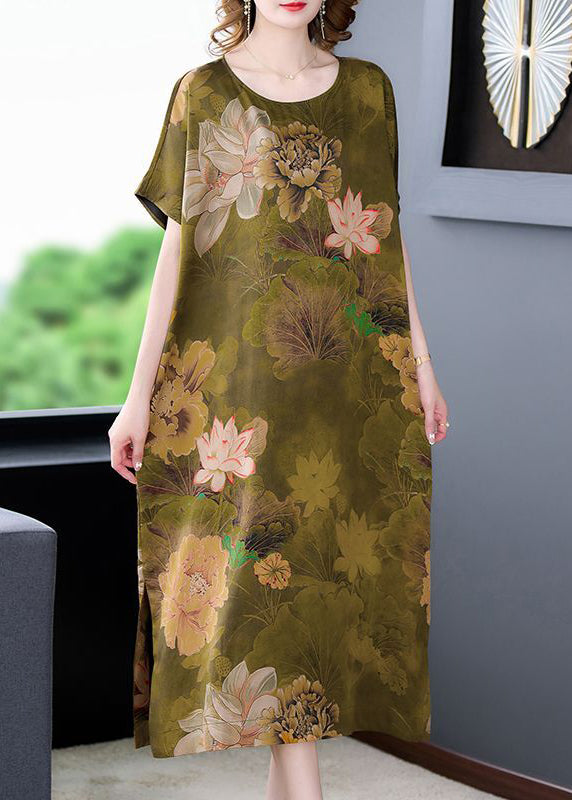 Handmade Grass Green Oversized Print Side Open Silk Dresses Summer