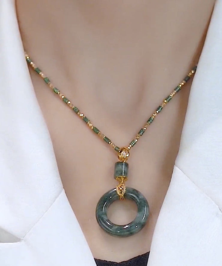 Handmade Green Alloy Gem Stone Ping Buckle Pendant Necklace