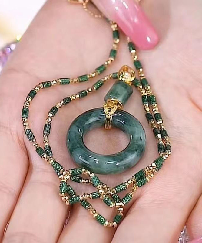 Handmade Green Alloy Inlaid Gem Stone Bamboo Joint Pendant Necklace