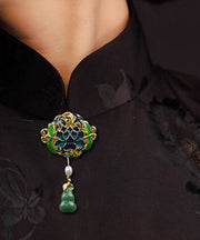 Handmade Green Ancient Gold Pearl Jade Gourd Enamel Tassel Brooches