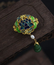 Handmade Green Ancient Gold Pearl Jade Gourd Enamel Tassel Brooches