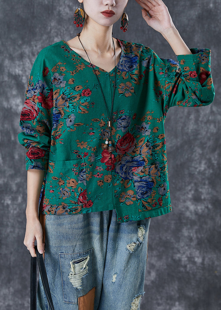 Handmade Green Asymmetrical Print Linen Shirt Tops Fall