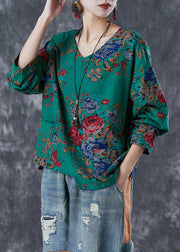 Handmade Green Asymmetrical Print Linen Shirt Tops Fall