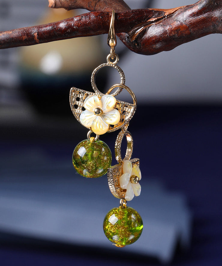 Handmade Green Copper Glaze Shell Flower Floral Drop Earrings