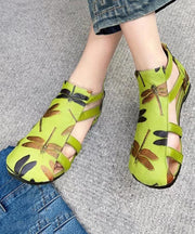 Handmade Green Cowhide Leather Embossed Hollow Out Splicing Sandals