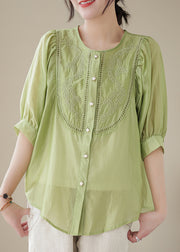 Handmade Green Embroidered Puff Sleeve Cotton Blouses