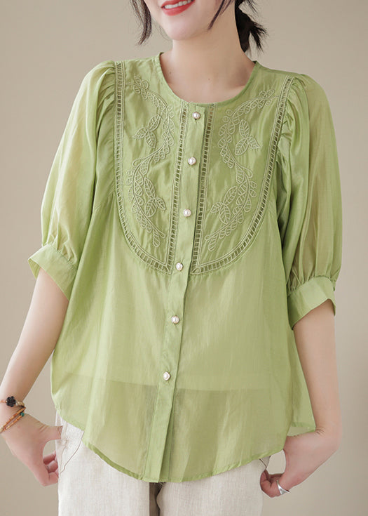 Handmade Green Embroidered Puff Sleeve Cotton Blouses