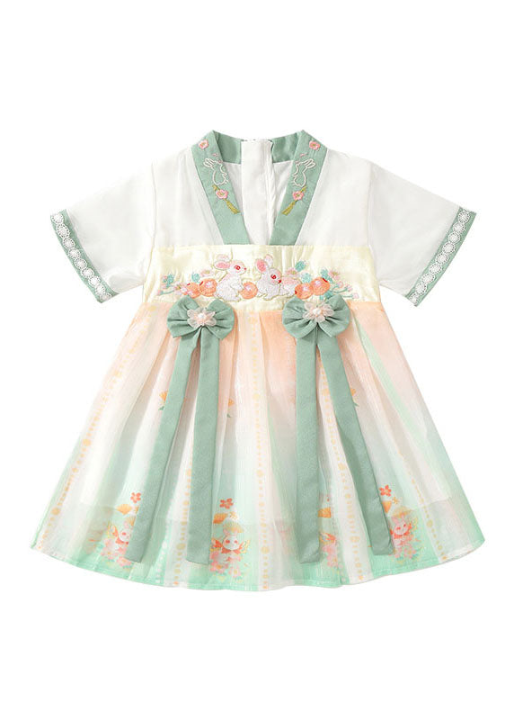 Handmade Green Embroidered Patchwork Chiffon Baby Girls Dresses Summer