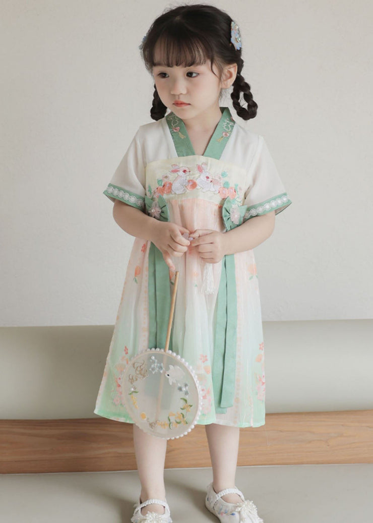 Handmade Green Embroidered Patchwork Chiffon Baby Girls Dresses Summer