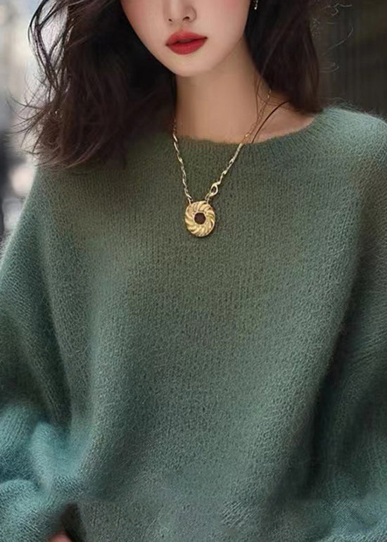 Handmade Green O Neck Cozy Knit Sweaters Spring