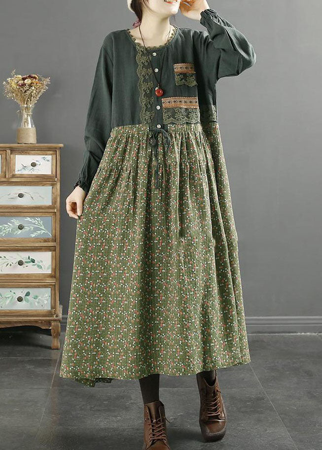 Handmade Green O Neck Lace Print Patchwork Cotton Dresses Spring