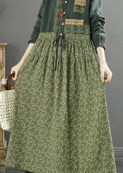 Handmade Green O Neck Lace Print Patchwork Cotton Dresses Spring