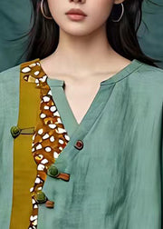 Handmade Green O-Neck Patchwork Button Top Short Sleeve