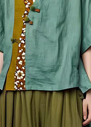 Handmade Green O-Neck Patchwork Button Top Short Sleeve
