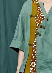 Handmade Green O-Neck Patchwork Button Top Short Sleeve