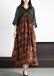 Handmade Green O-Neck Patchwork Print Silk Long Dresses Summer