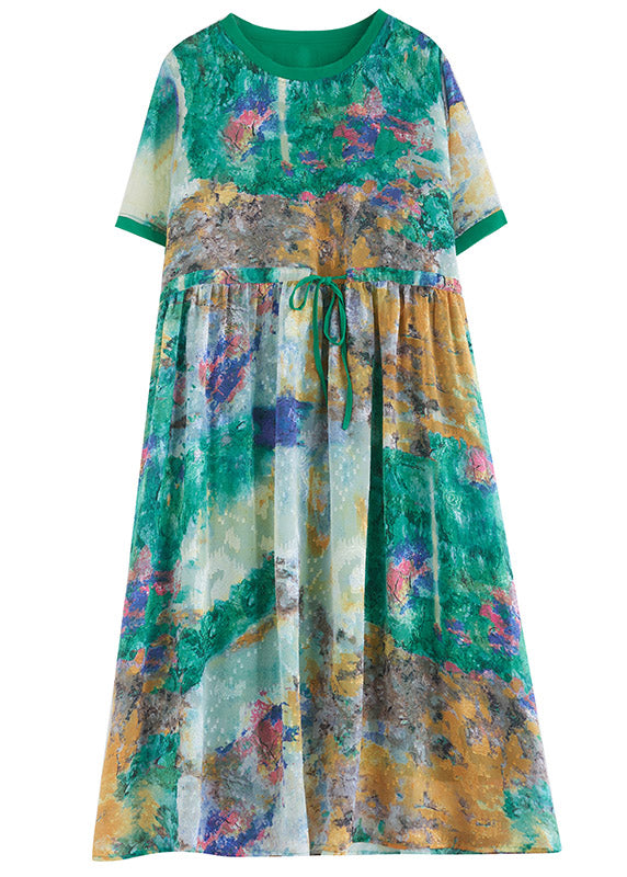 Handmade Green O-Neck Print Patchwork Drawstring Maxi Dress Short Sleeve