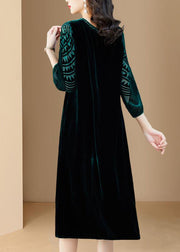 Handmade Green O-Neck Print Silk Velour Maxi Dresses Long Sleeve