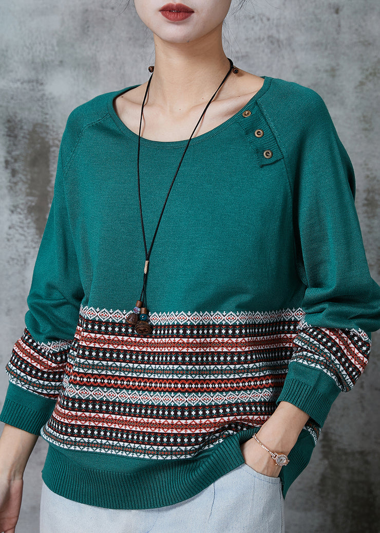 Handmade Green O-Neck Striped Knit Sweaters Spring