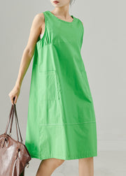 Handmade Green Oversized Pockets Cotton Tea Dresses Sleeveless