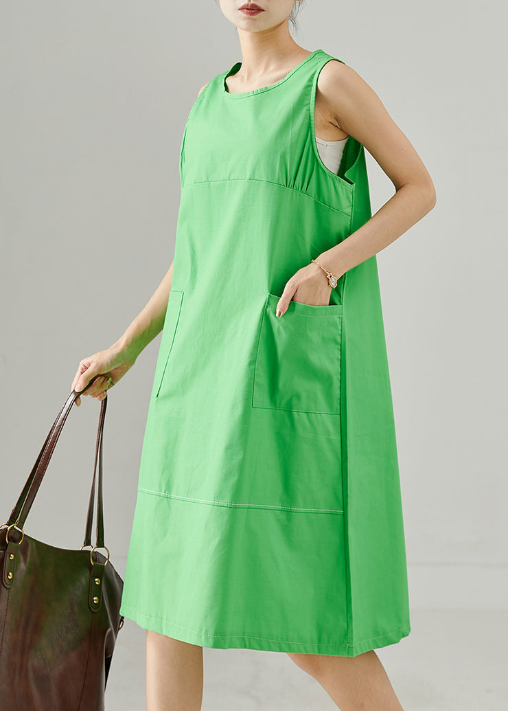 Handmade Green Oversized Pockets Cotton Tea Dresses Sleeveless