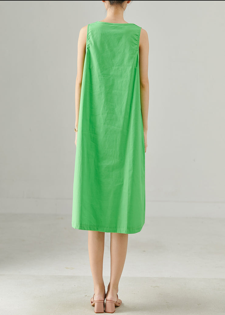 Handmade Green Oversized Pockets Cotton Tea Dresses Sleeveless