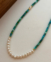 Handmade Green Patchwork Sterling Silver Overgild Turquoise Pearl Graduated Bead Necklace