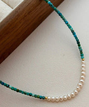 Handmade Green Patchwork Sterling Silver Overgild Turquoise Pearl Graduated Bead Necklace