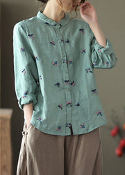 Handmade Green Peter Pan Collar Embroideried Linen Shirts Long Sleeve