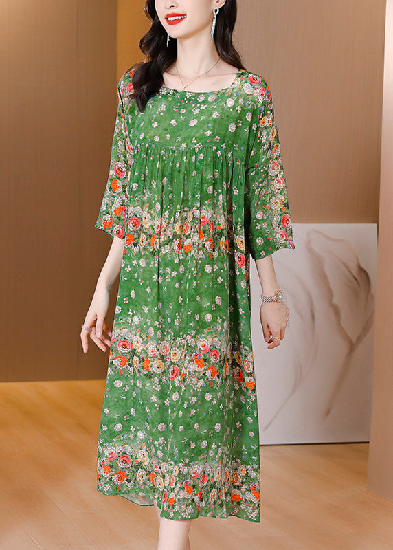 Handmade Green Print Wrinkled Patchwork Silk Long Dress Long Sleeve