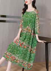 Handmade Green Print Wrinkled Patchwork Silk Long Dress Long Sleeve