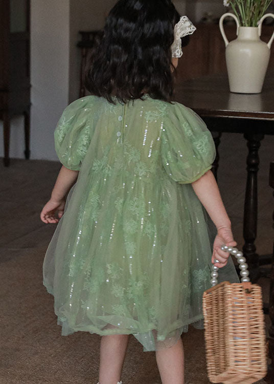 Handmade Green Sequins Patchwork Tulle Kids Girls Dresses Puff Sleeve