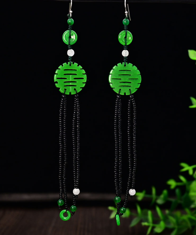 Handmade Green Sterling Silver Jade Tassel Glass Bea Drop Earrings