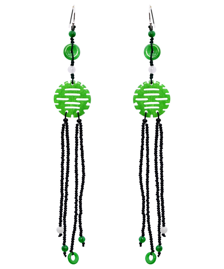 Handmade Green Sterling Silver Jade Tassel Glass Bea Drop Earrings