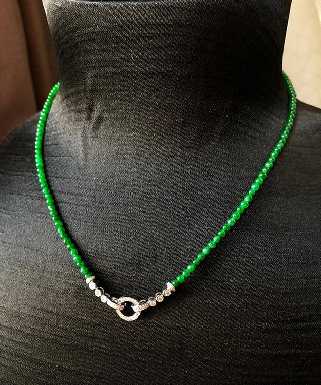 Handmade Green Sterling Silver Zircon Jade Beads Sweater Graduated Bead Necklace