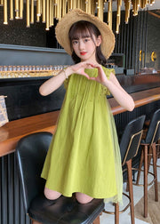 Handmade Green Tulle Patchwork Solid Cotton Kids Mid Dresses Sleeveless