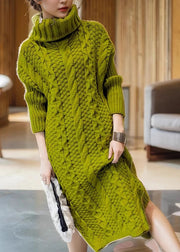 Handmade Green Turtleneck Cozy Thick Cotton Knit Long Sweater Dress Winter