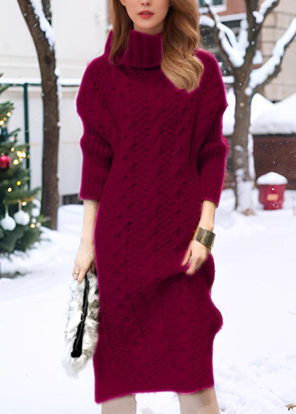 Handmade Green Turtleneck Cozy Thick Cotton Knit Long Sweater Dress Winter