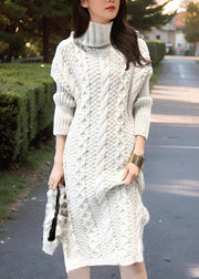 Handmade Green Turtleneck Cozy Thick Cotton Knit Long Sweater Dress Winter