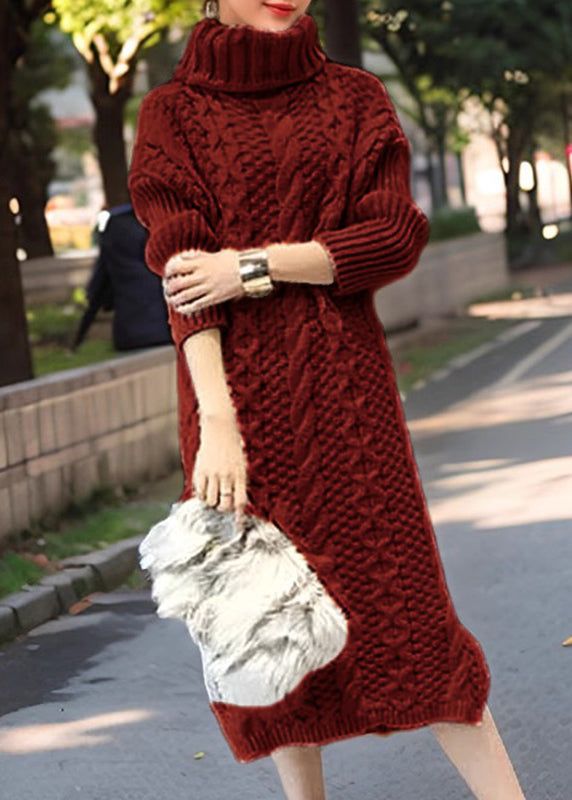 Handmade Green Turtleneck Cozy Thick Cotton Knit Long Sweater Dress Winter