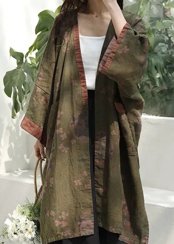 Handmade Green V Neck Print Linen Cardigans Long Sleeve