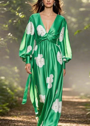 Handmade Green V Neck Print Silk Long Dress Spring