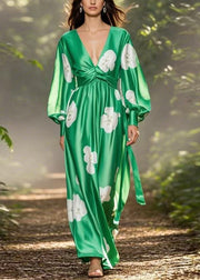 Handmade Green V Neck Print Silk Long Dress Spring