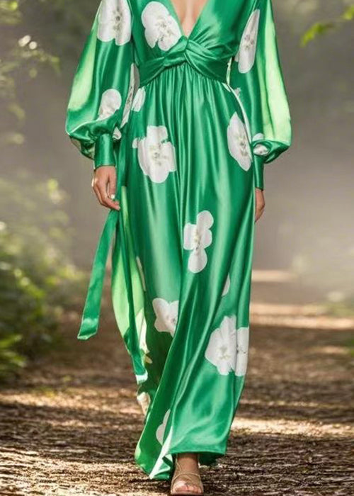 Handmade Green V Neck Print Silk Long Dress Spring